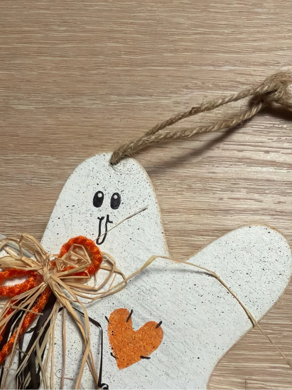 Handmade Rustic Wooden Ghost Hanging Decoration with Raffia Bow Halloween 9”